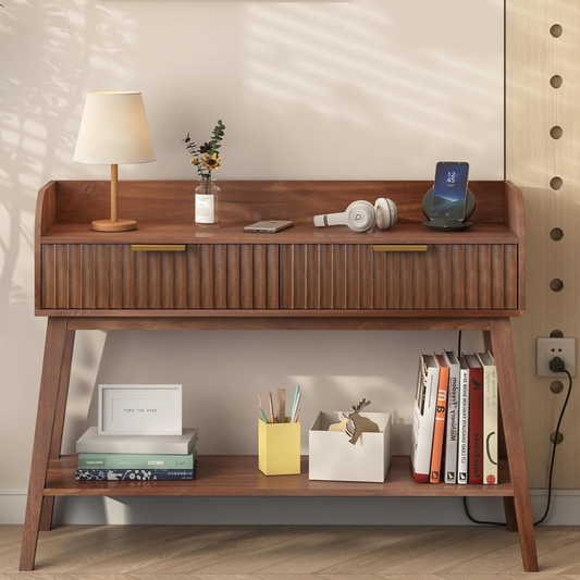 Console Table with 2 Drawers Storage, Outlets and USB Ports Charging Station