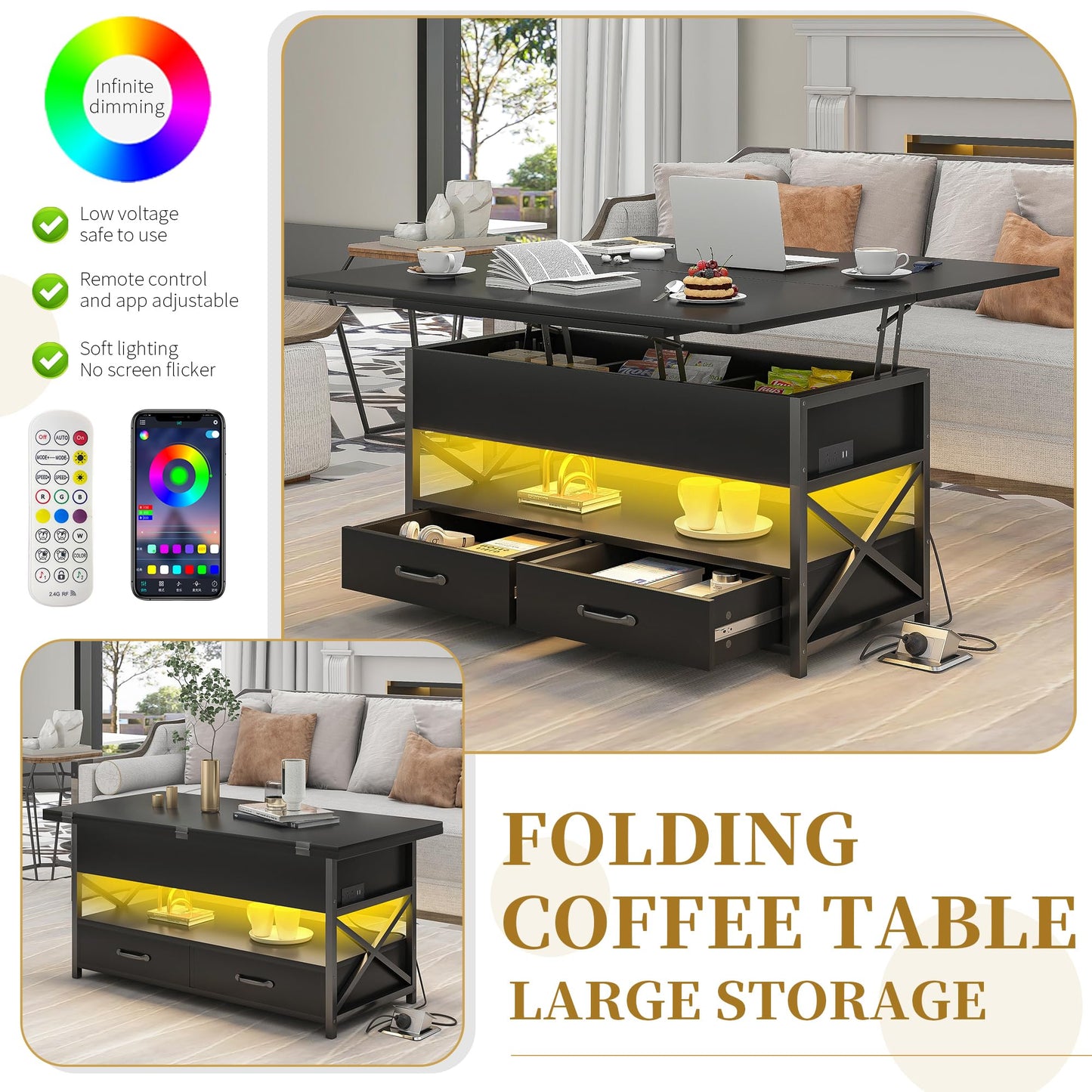 40'' Lift Top Coffee Table with LED Light