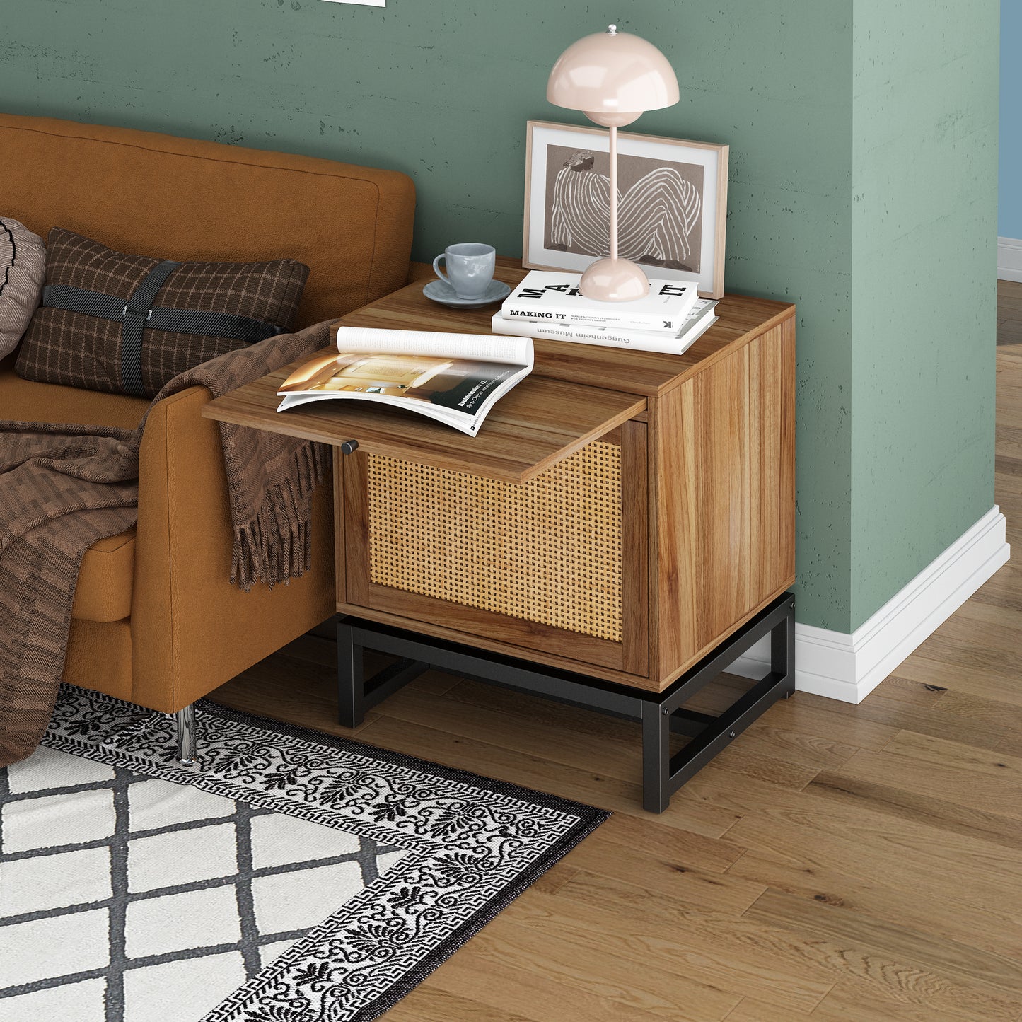 Rattan Door Nightstand with Telescopic Tray Boho Storage End Table Rattan Cabinet Sofa Side Table Night Stand for Bedroom, Living Room