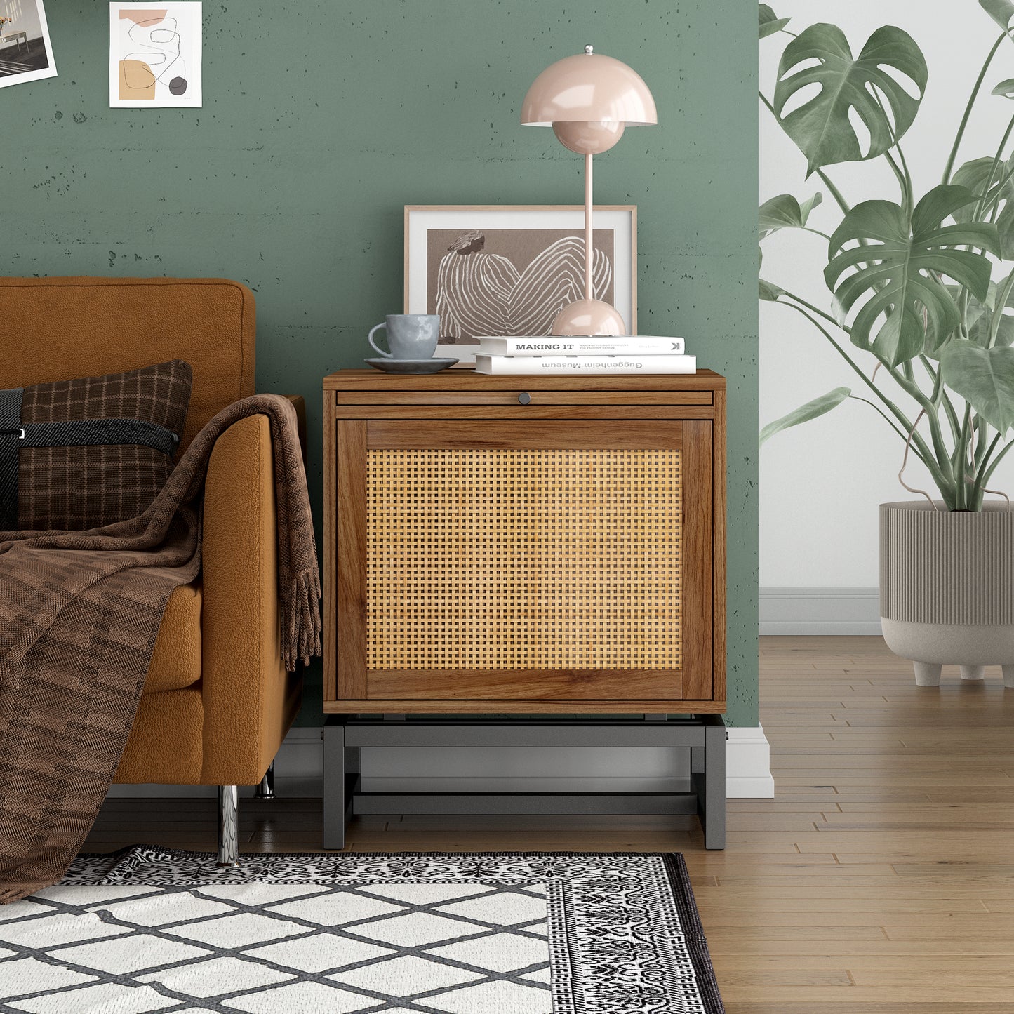 Rattan Door Nightstand with Telescopic Tray Boho Storage End Table Rattan Cabinet Sofa Side Table Night Stand for Bedroom, Living Room