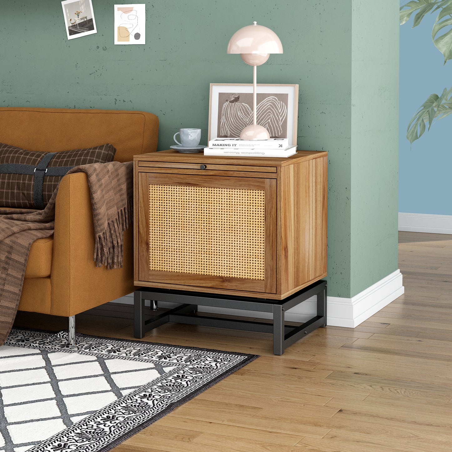 Rattan Door Nightstand with Telescopic Tray Boho Storage End Table Rattan Cabinet Sofa Side Table Night Stand for Bedroom, Living Room
