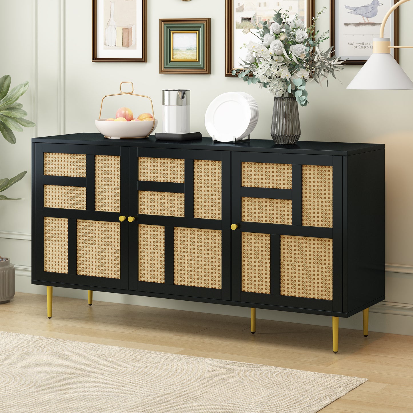 Rattan Sideboard Buffet Cabinet with 3 Doors