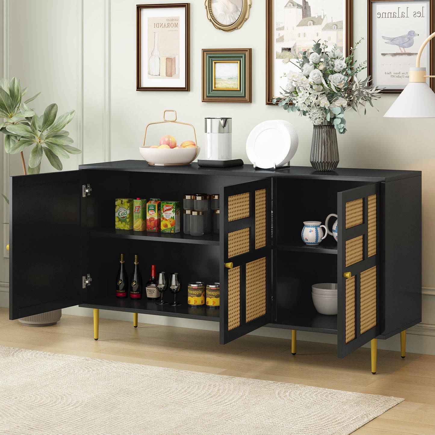 Rattan Sideboard Buffet Cabinet with 3 Doors