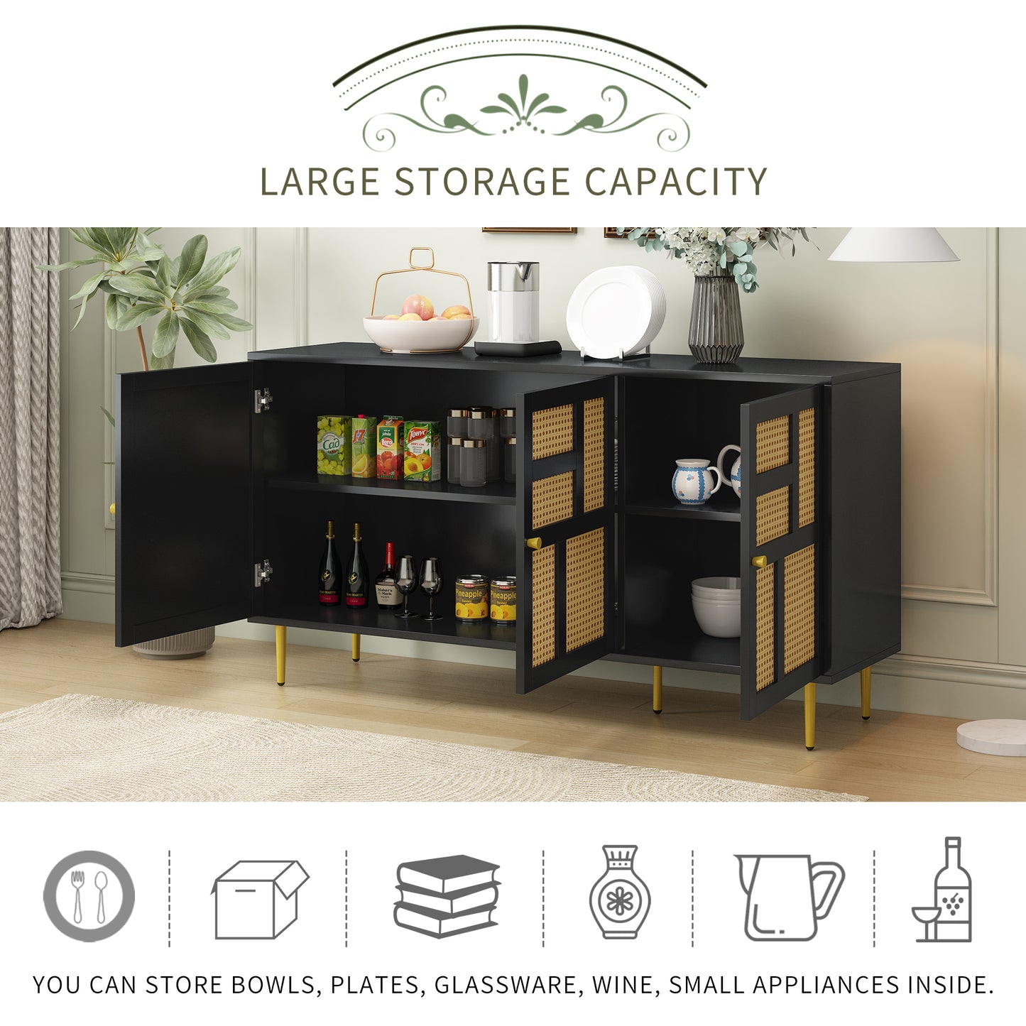 Rattan Sideboard Buffet Cabinet with 3 Doors