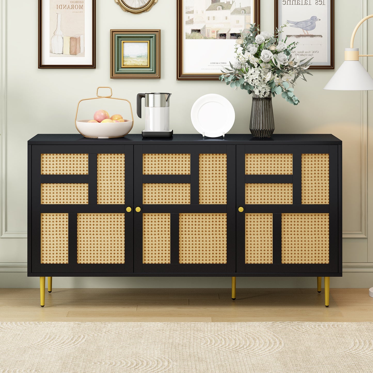 Rattan Sideboard Buffet Cabinet with 3 Doors