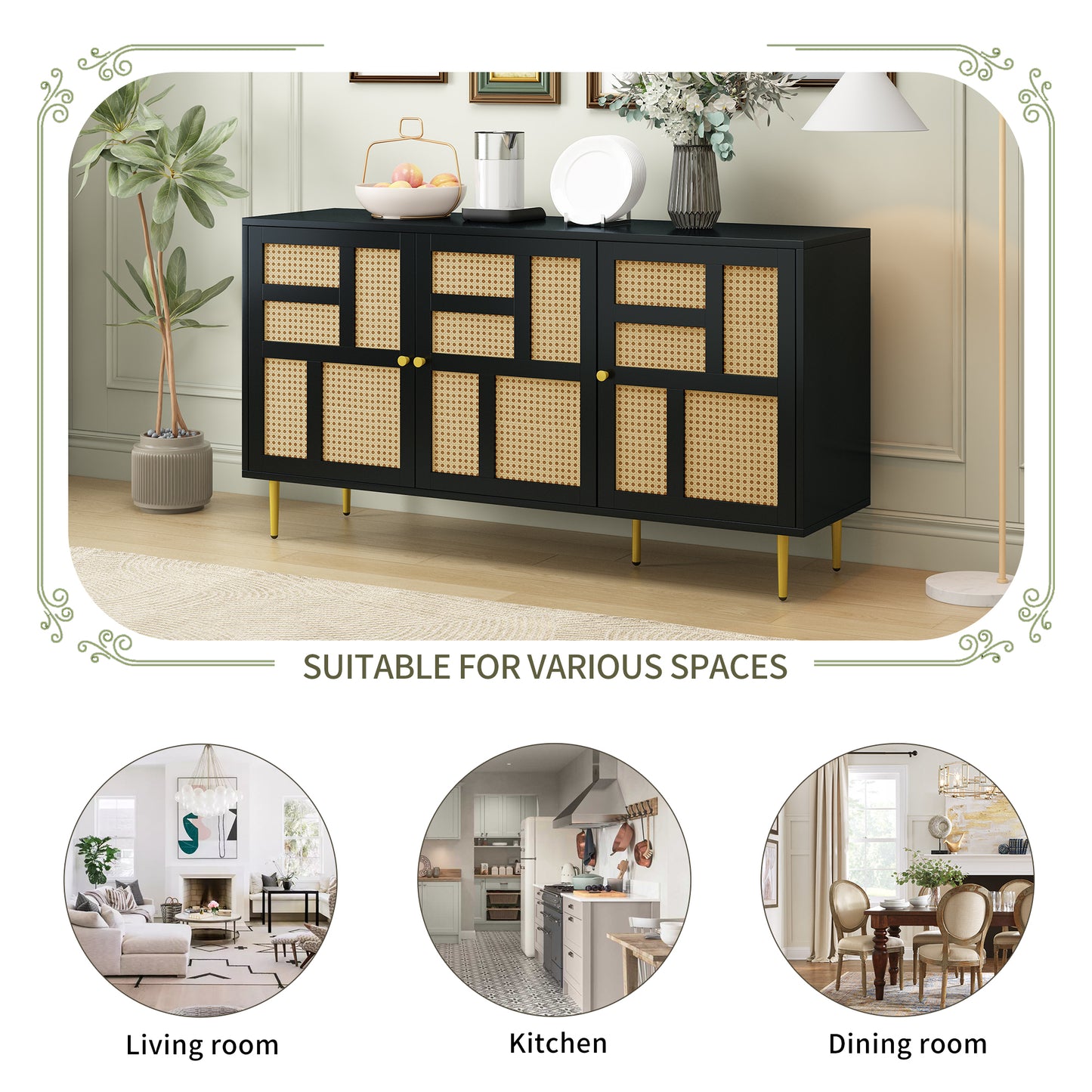 Rattan Sideboard Buffet Cabinet with 3 Doors