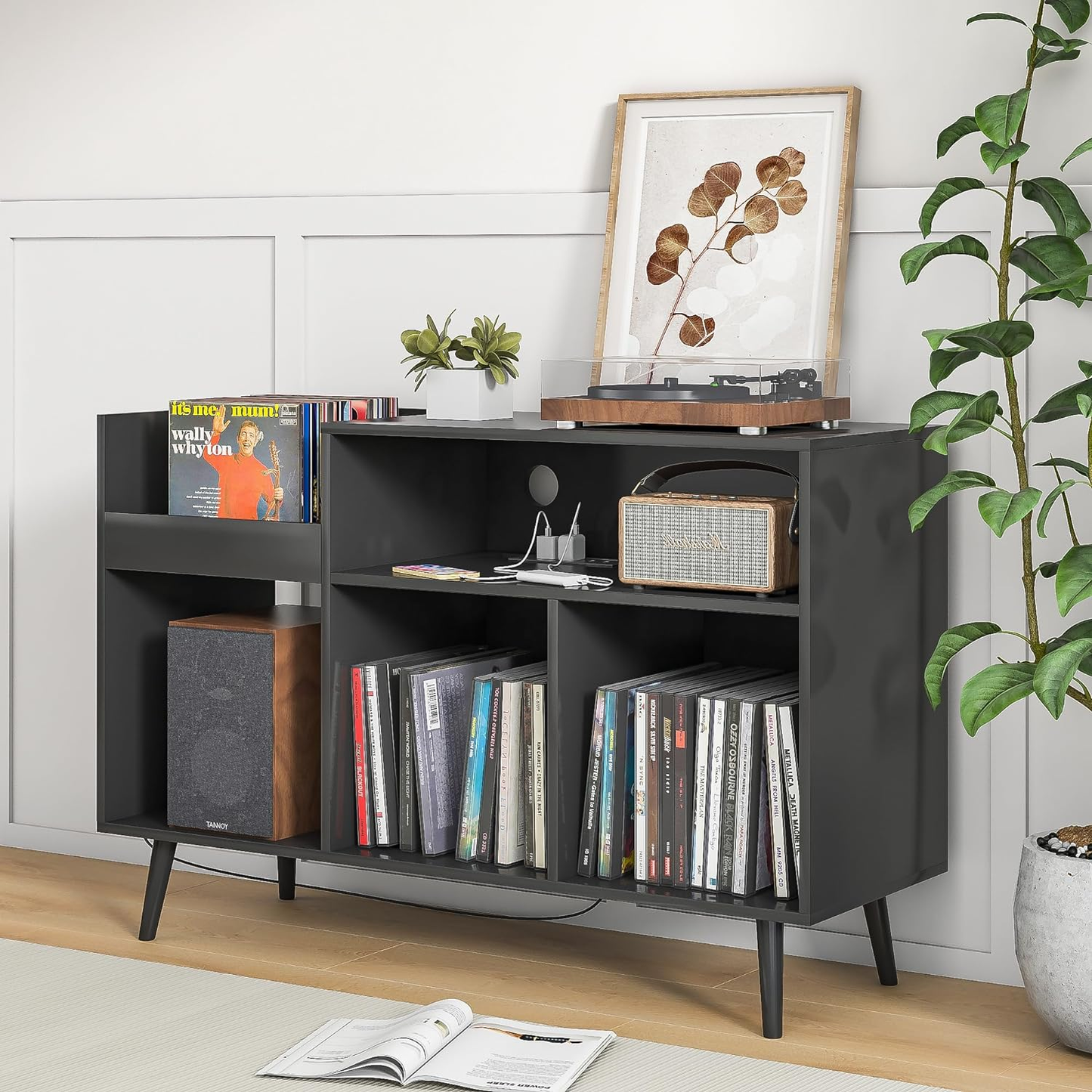 Vinyl Record Storage Cabinet with Power Outlet Stand