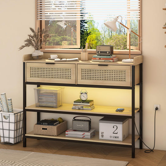 Console Table with Rattan Drawers, Outlets and USB Ports