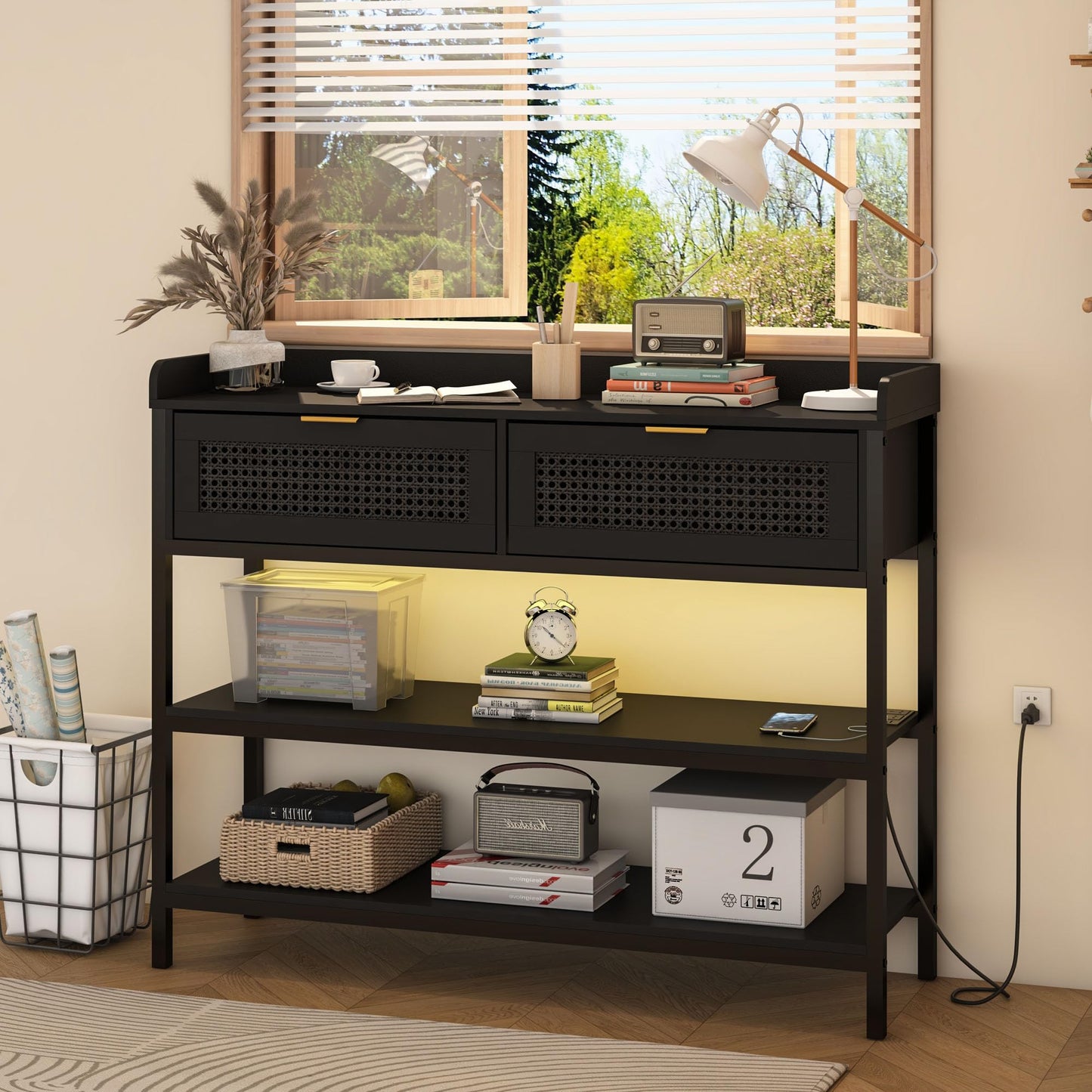 Console Table with Rattan Drawers, Outlets and USB Ports