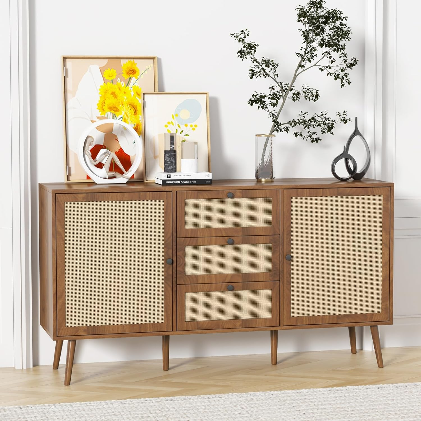 Rattan Storage Cabinet with 2 Doors and 3 Drawers