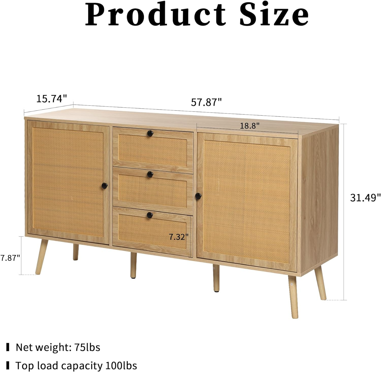 Rattan Storage Cabinet with 2 Doors and 3 Drawers