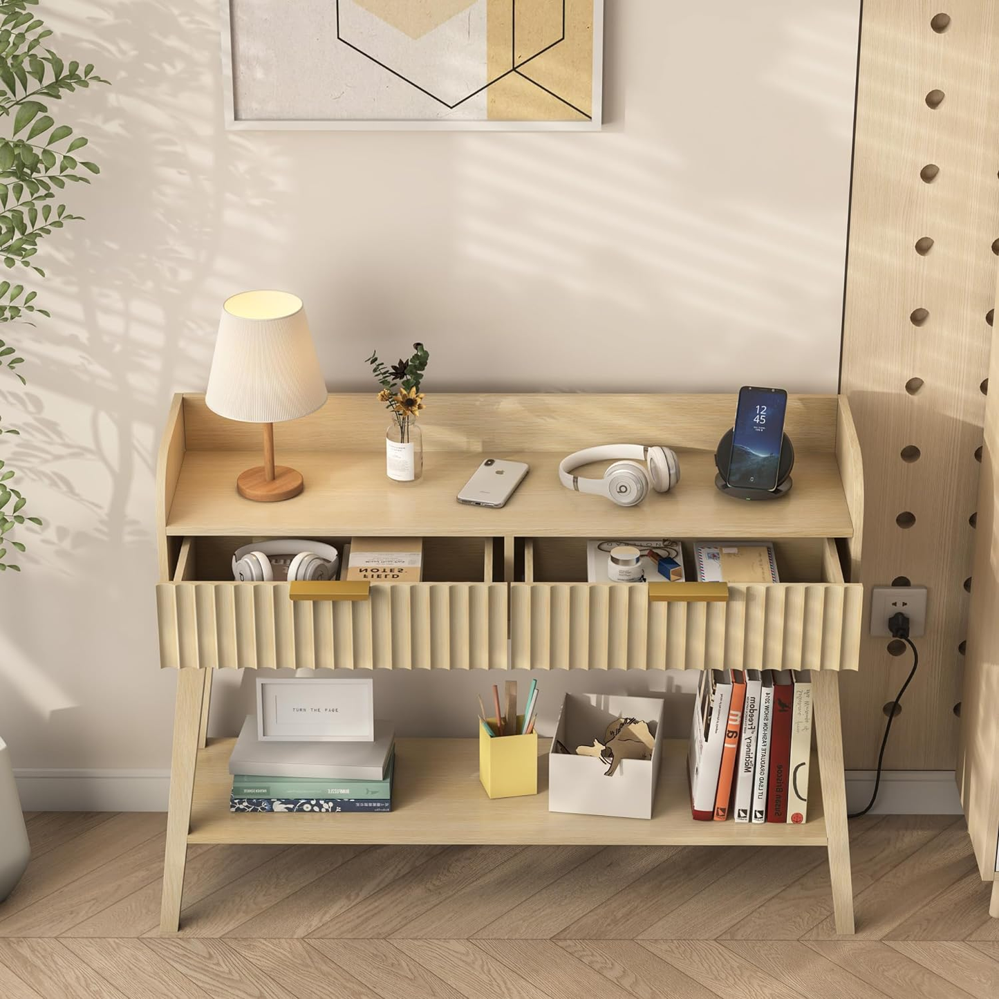 Console Table with 2 Drawers Storage, Outlets and USB Ports Charging Station
