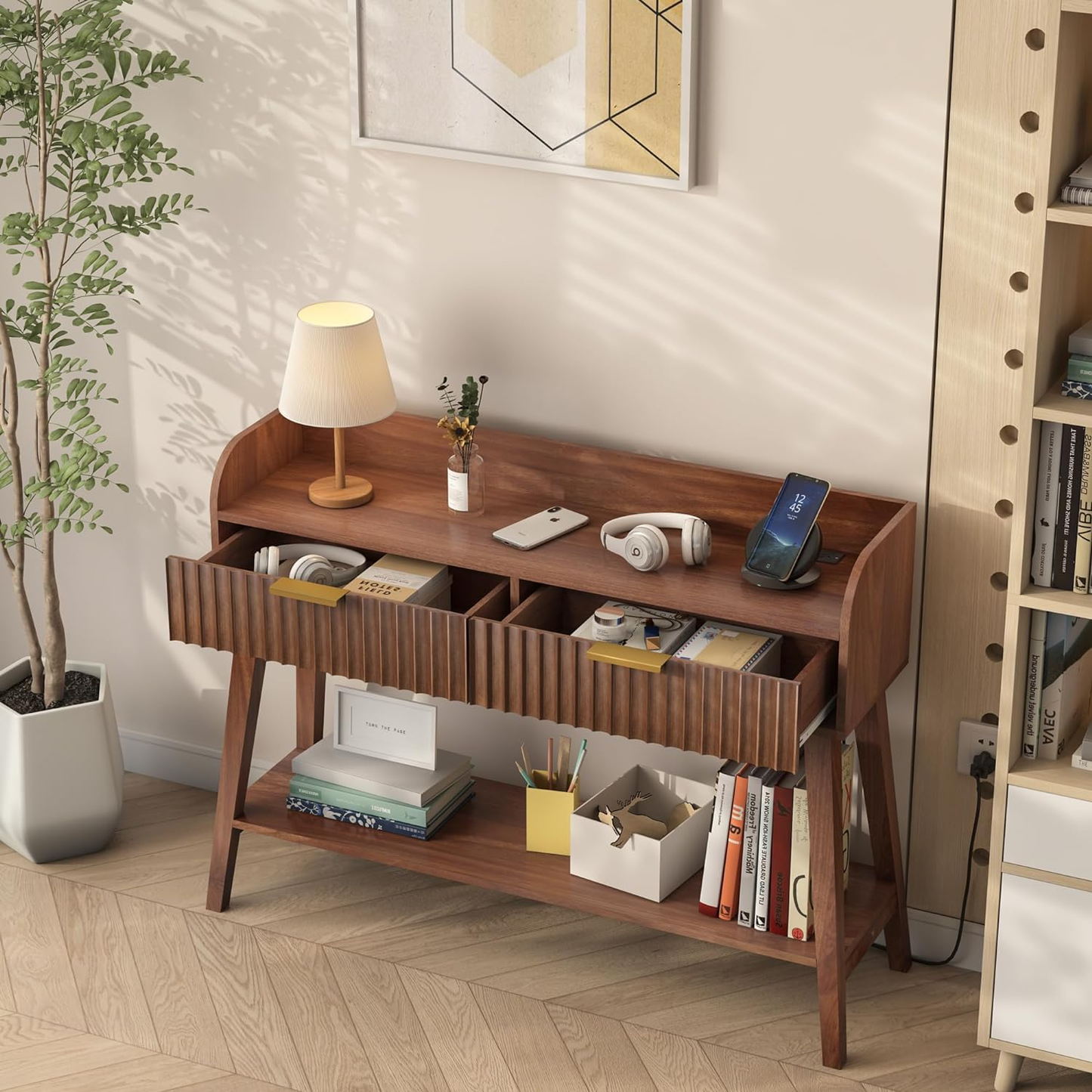 Console Table with 2 Drawers Storage, Outlets and USB Ports Charging Station