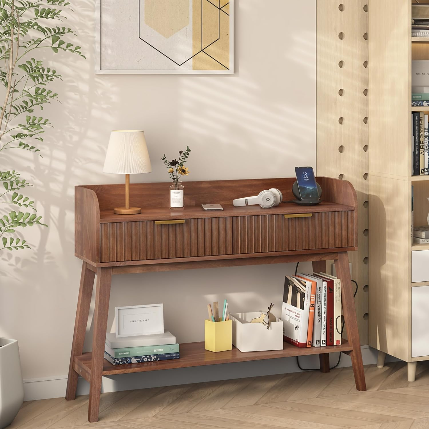 Console Table with 2 Drawers Storage, Outlets and USB Ports Charging Station