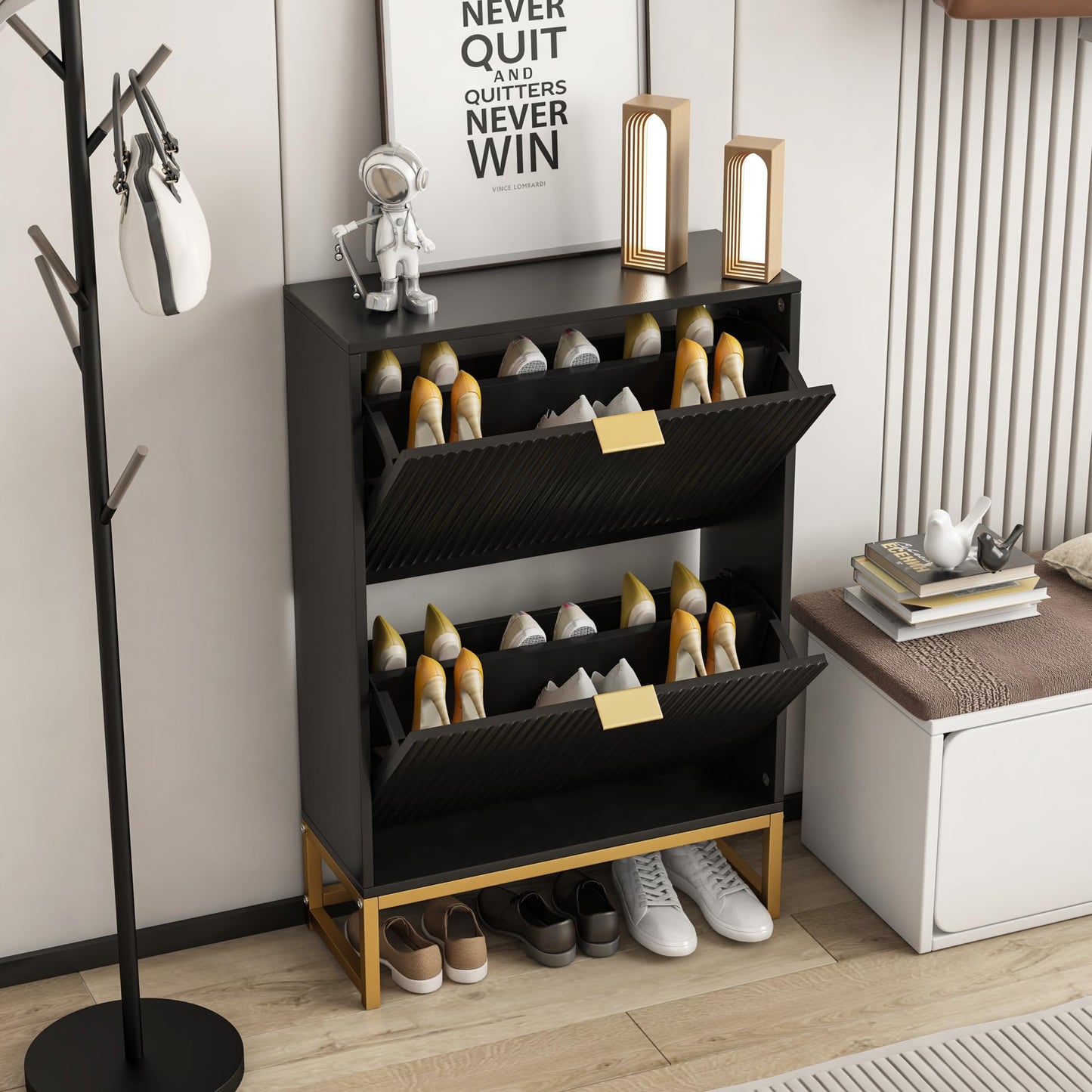 Shoe Cabinet Storage with 2 Flip Drawers Fluted Panel