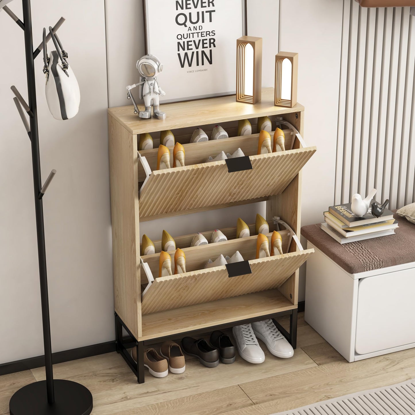 Shoe Cabinet Storage with 2 Flip Drawers Fluted Panel